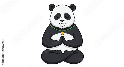 A cute cartoon panda bear meditating peacefully in a lotus yoga position on a white background.