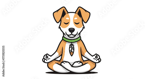 A cute cartoon dog with a green collar meditates peacefully in a yoga lotus position against a white background.