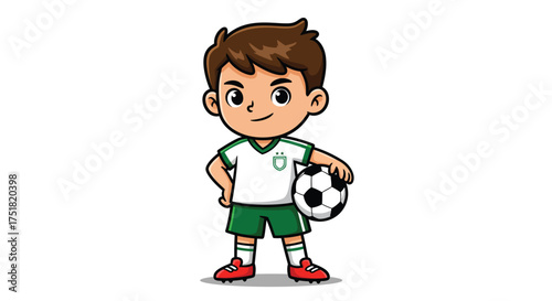Cute cartoon boy soccer player in a white and green uniform holding a football with a confident smile.