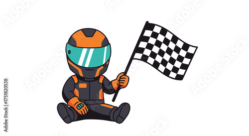 A cute cartoon baby wearing a racing suit and helmet, sitting and holding a checkered flag.