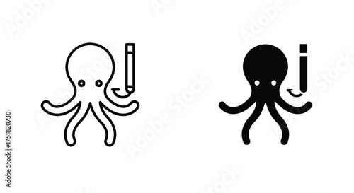Two icons of an octopus holding a snorkel shaped like a pencil, one outline and one solid fill on a white background.