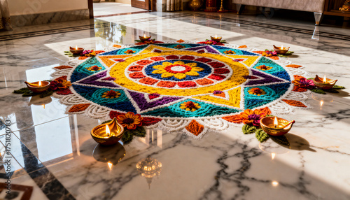 Vibrant Rangoli Design Adorns Marble Floor with Diyas During Festival Celebration