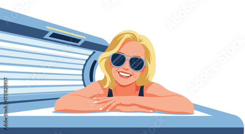 A smiling woman with sunglasses enjoys a tanning bed for a sun-kissed glow.