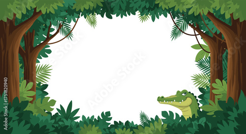 A sneaky crocodile peers out from the dense green jungle foliage.