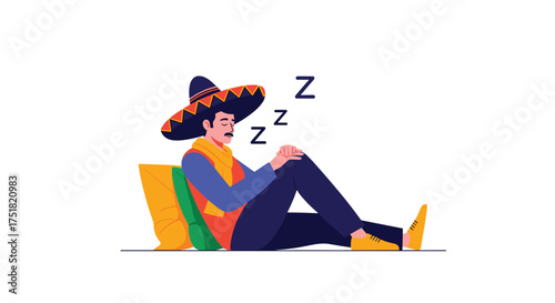 Man in sombrero peacefully napping on colorful cushions under a clear sky.