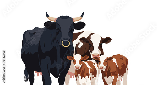 A herd of cattle including a large bull and two calves stand together peacefully.