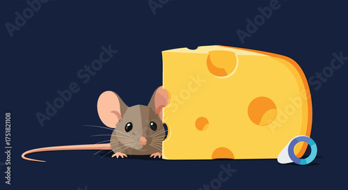 A tiny mouse peeks around a large wedge of delicious Swiss cheese.