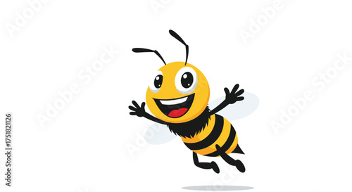 A cheerful cartoon bee with wide eyes and an open mouth is flying happily in the air against a white background.