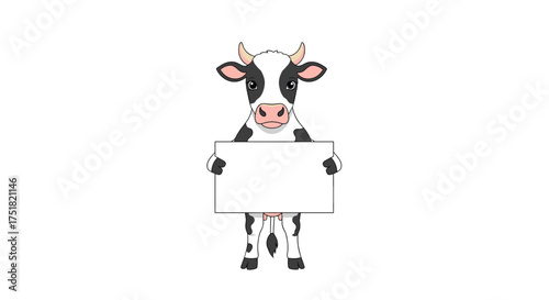 A cartoon cow holding a blank sign with a stick.