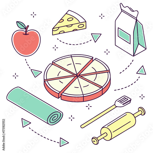 Baking ingredients and tools for delicious homemade pie, including rolling pin, apple, flour and spatula, perfect for cooking blogs and culinary designs