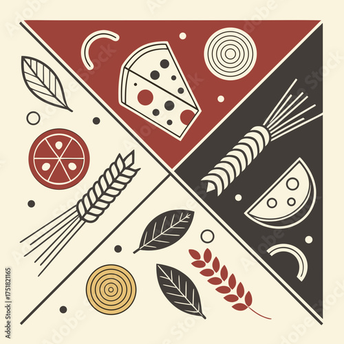 Artisanal food ingredients displayed in a modern geometric style showcasing elements for pizza, pasta, and fresh produce in a trendy minimalist design
