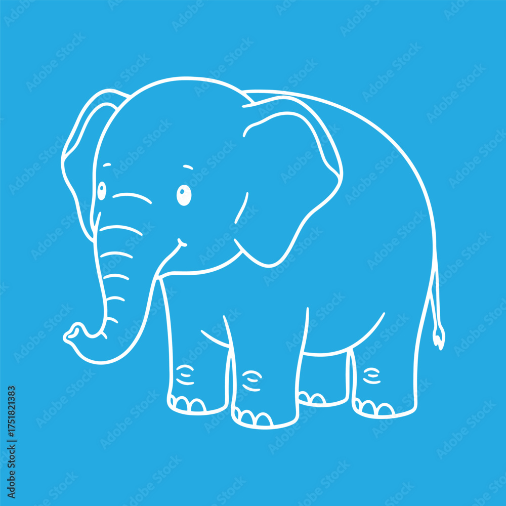 Fototapeta premium Simple elephant line drawing in a minimalist style. Cute and happy cartoon wildlife character for kids' educational materials or a simple zoo logo. White vector outline on a blue background.