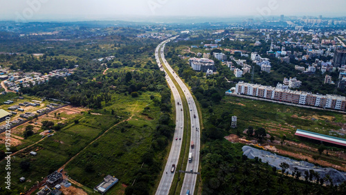 Ariel Shot of beautiful Bangalore City in India	with nice road passingby