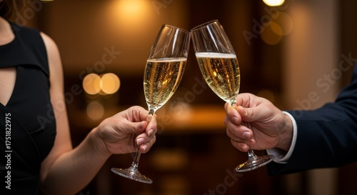 Champagne cheers at a chic evening event — couple in formal attire clinking sparkling wine glasses, warm ambient light and shallow depth for upscale celebration visuals