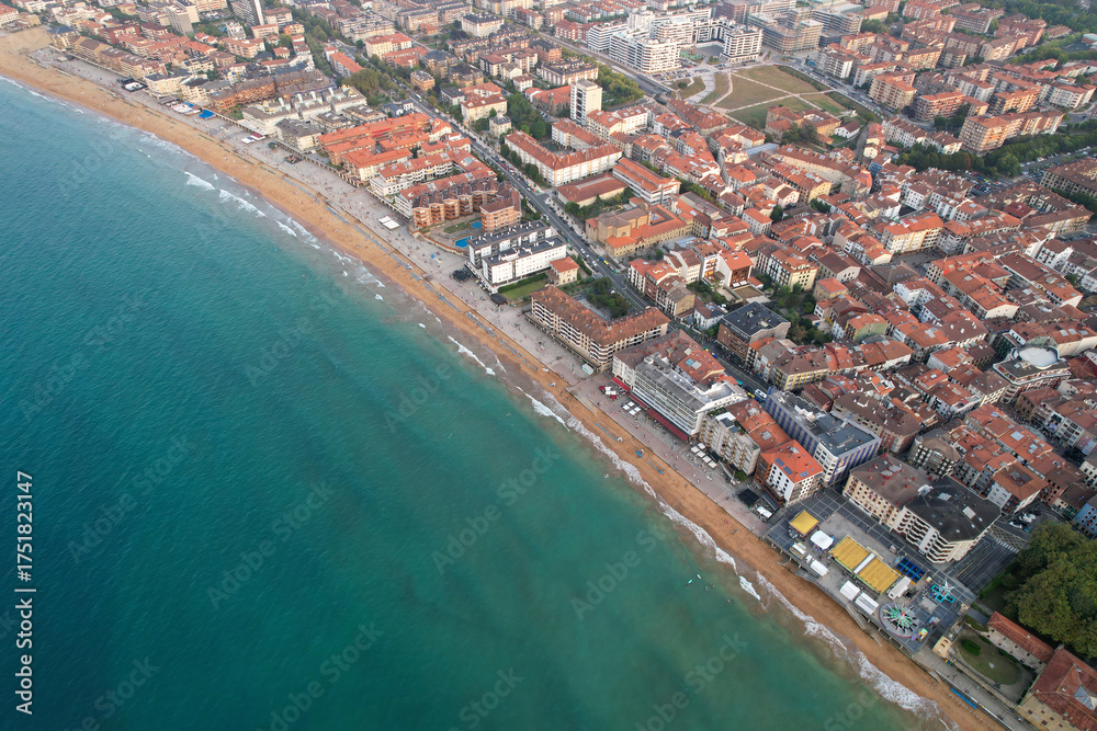 Naklejka premium Bird's eye view of Zarautz town on summer evening. Gipuzkoa, Basque Country, Spain.