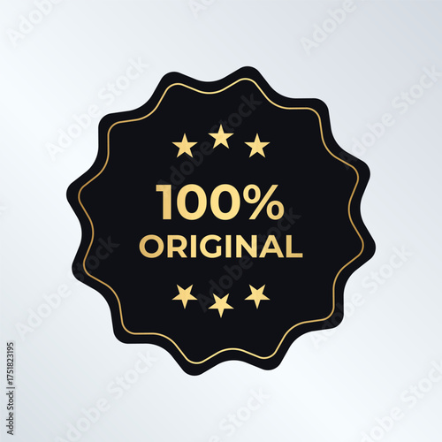 Original authentic genuine badge, black gold wavy rosette seal with text 100 percent original. For premium product packaging, price tag, marketing. Anti counterfeit logo. Vector illustration
