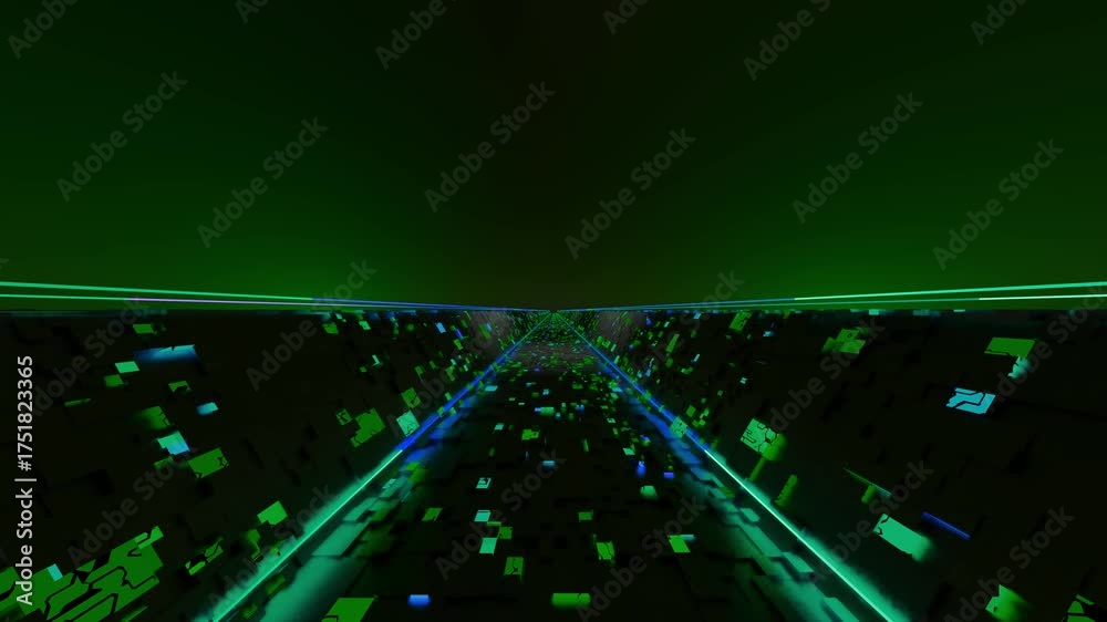 3D render of moving neon sci fi tunnel corridor