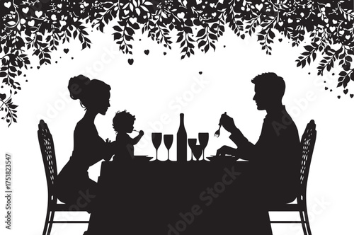 Minimalist family eating dinner together silhouette depicting warmth, love, and connection around the dining table