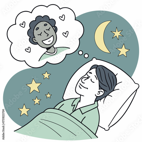 A person sleeping peacefully in bed under the night sky dreaming of a happy person surrounded by hearts and stars