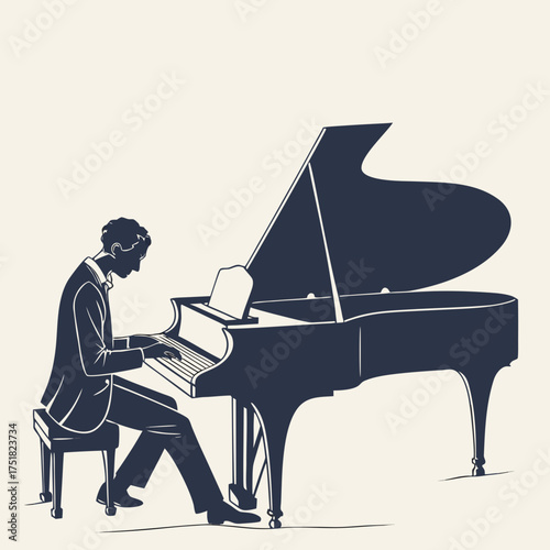 A silhouette of a man in a suit playing a grand piano with focus and dedication creating a classic musical scene