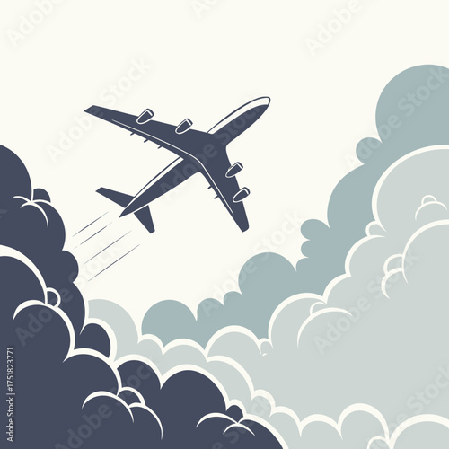 A sleek dark silhouette of a modern jet airplane soars through a stylized sky filled with dramatic layered clouds in shades of grey and white