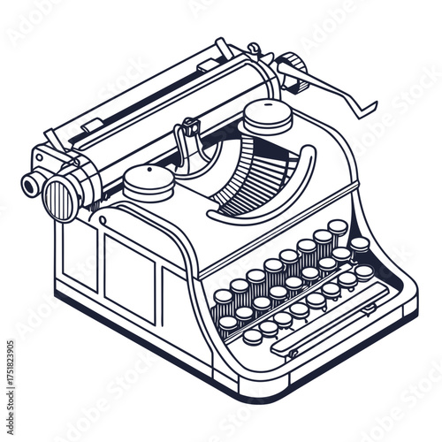 A vintage black and white line art illustration of an isometric view of a classic portable typewriter with many keys and a roller for paper