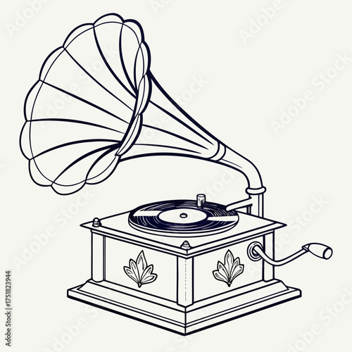 A vintage gramophone with a large horn and a spinning vinyl record on a wooden base adorned with decorative leaf motifs rendered in a simple line art style against a plain background