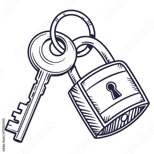 A vintage style hand drawn illustration of a padlock and two keys on a keyring symbolizing security access and protection in a simple graphic