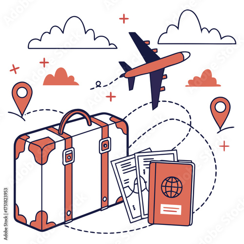 A vintage style travel illustration featuring a suitcase passport boarding passes airplane clouds and location pins symbolizing vacation and adventure