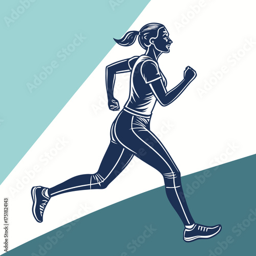 Dynamic illustration of a fit woman running with determination and focus showcasing her athletic physique and active lifestyle in a stylized graphic design
