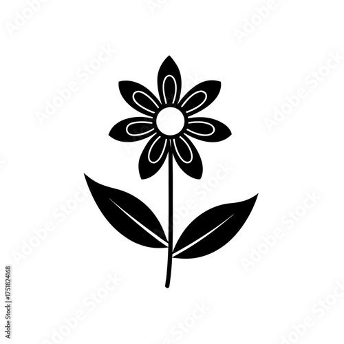 Simple black and white flower art on transparent background silhouette