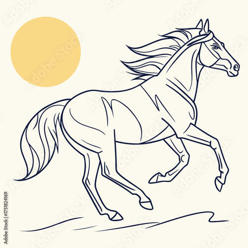 Elegant outline drawing of a majestic horse in full stride with a flowing mane and tail against a minimalist backdrop featuring a soft yellow sun or moon