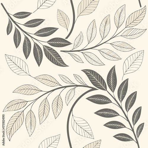 Elegant seamless pattern of stylized botanical branches with detailed leaves in a muted grey and beige color palette on a cream background creating a sophisticated natural motif