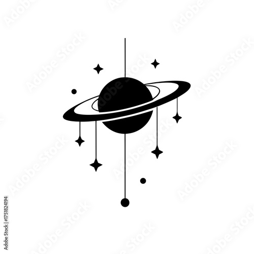 Stylized planet with stars design on transparent background silhouette