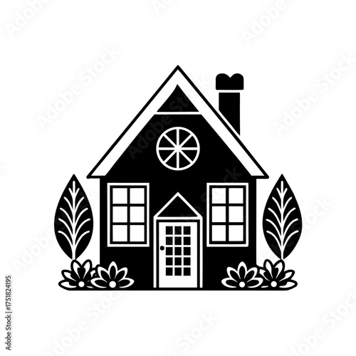 Simple house with garden in black on transparent background silhouette