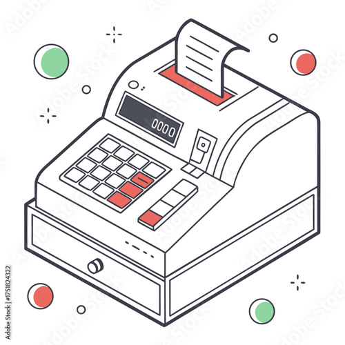 Retro vintage cash register isometric illustration with a receipt and colorful decorative circles and sparkles for retail and business concepts