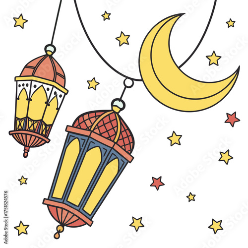 Whimsical ramadan illustration featuring two colorful hanging lanterns and a crescent moon surrounded by a scattering of yellow and red stars on a white background