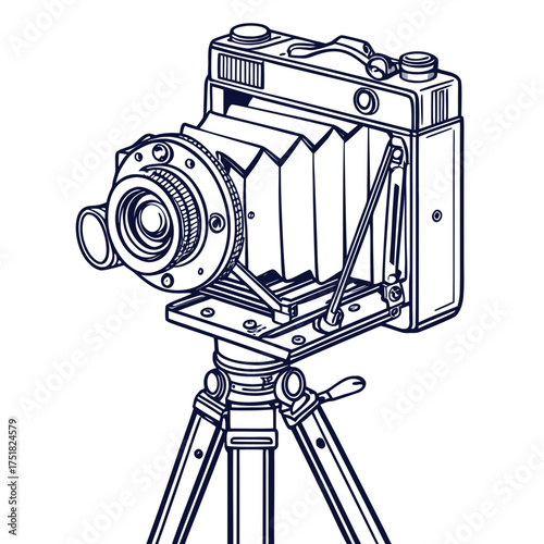 Vintage bellows camera on a tripod an artistic line drawing illustration capturing the essence of early photographic equipment and historical technology