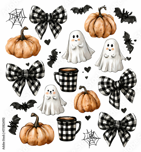 Delightful Halloween-themed digital art showcasing cute ghosts pumpkins plaid bows bats hearts spiderwebs and cups creating a whimsical mood