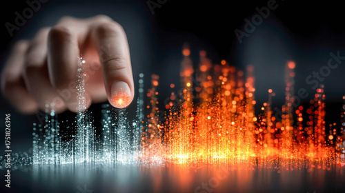 Creating digital wave patterns with a fingertip on a touchscreen device during a tech demonstration in a modern workspace