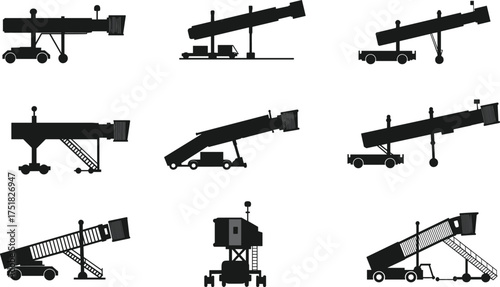 Aircraft boarding stairs, mobile ramp, airport equipment, ground support, passenger access, aviation infrastructure, silhouette, black and white, stairway design, travel, transportation, illustration