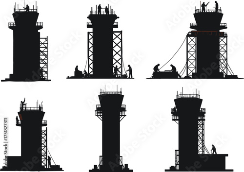 Air traffic control tower, construction silhouette, scaffolding, workers, infrastructure, aviation facility, black and white, building stages, airport structure, engineering, development, illustration