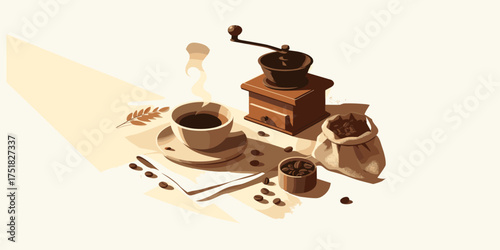 A morning coffee moment captured with a vintage coffee grinder, steaming cup, and roasted beans artfully arranged on a surface with light casting shadows