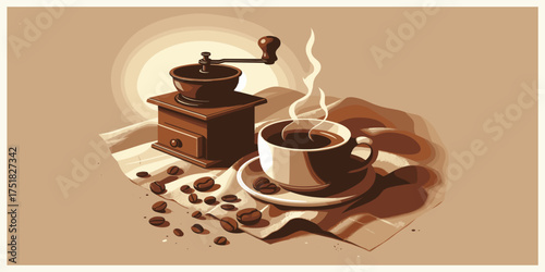 Warm illustration depicting the beloved coffee-making process a vintage grinder, a steaming mug, and scattered beans, embodying the comforting essence of a perfect morning and aromatic indulgence