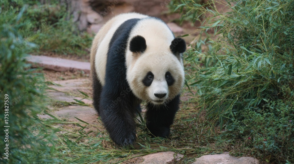 Obraz premium A panda walks along a path surrounded by foliage in a zoo habitat environment