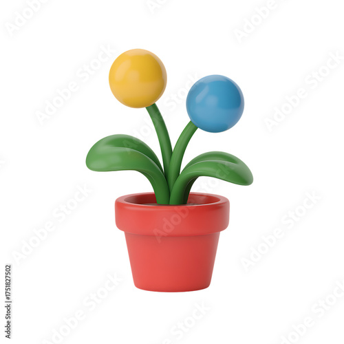 Cartoon plant in red pot with yellow and blue flower on transparent background