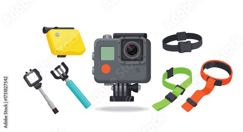 Vector Illustration of Action Camera and Accessories in Modern Style for Sports and Adventure Use