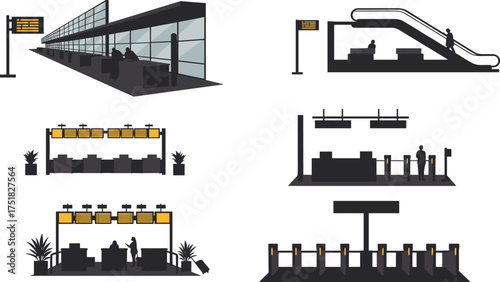 Airport terminal illustration, check-in area, security checkpoint, boarding gate, escalator, digital display, traveler silhouette, luggage, modern infrastructure, air travel, navigation, facility