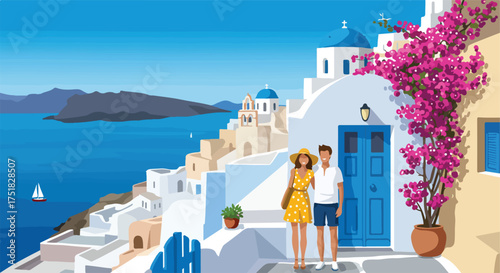 Vector Illustration of Romantic Couple in Santorini Style with Blue White Buildings and Pink Bougainvillea in Modern Minimalist Style