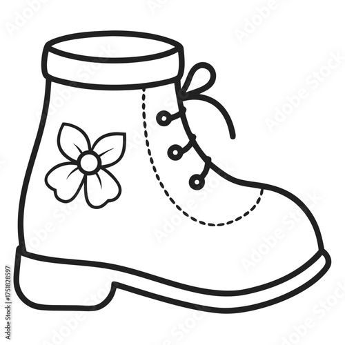 Cute Girl’s Boot Vector with Flower – Kids Footwear Line Art Illustration